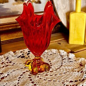 Vintage Viking Persimmon Glass Swung Vase - #1485 Clear Crest - 7.75" Tall MCM V
